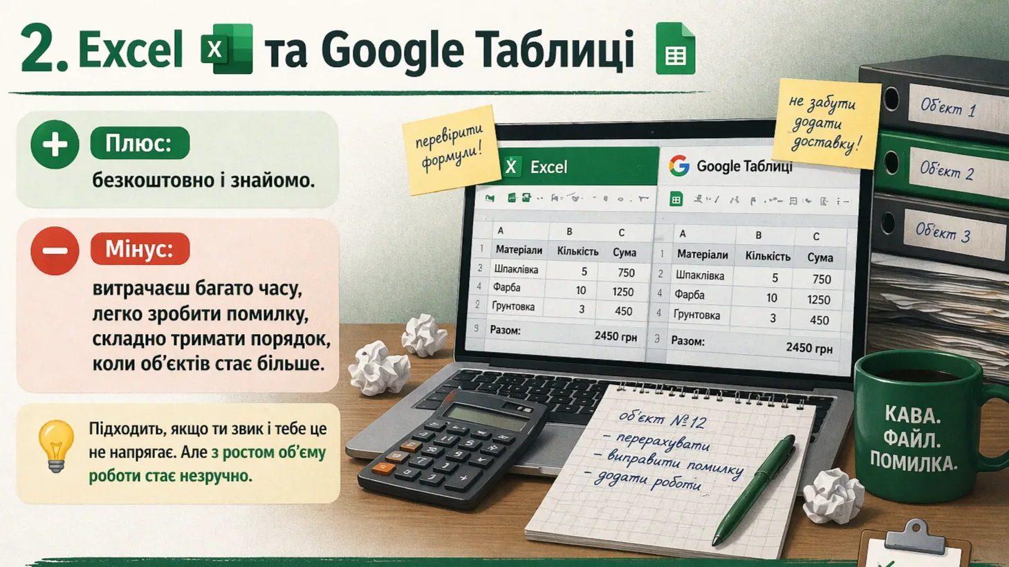 excel google таблиці кошторис будівництво плюси мінуси облік робіт