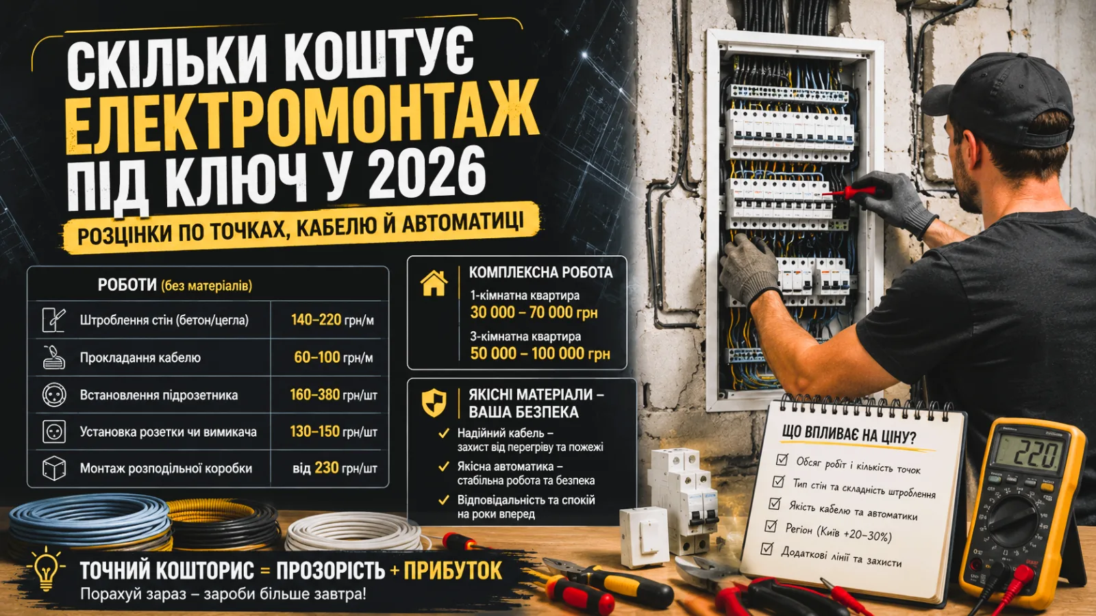 Скільки коштує електромонтаж під ключ у 2026: розцінки по точках, кабелю й автоматиці