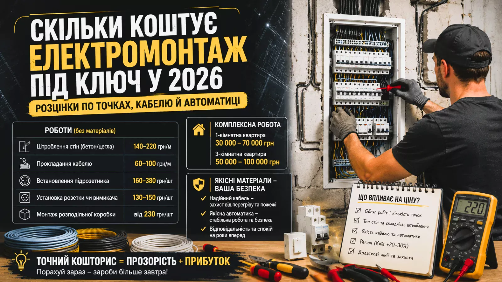 Скільки коштує електромонтаж під ключ у 2026: розцінки по точках, кабелю й автоматиці