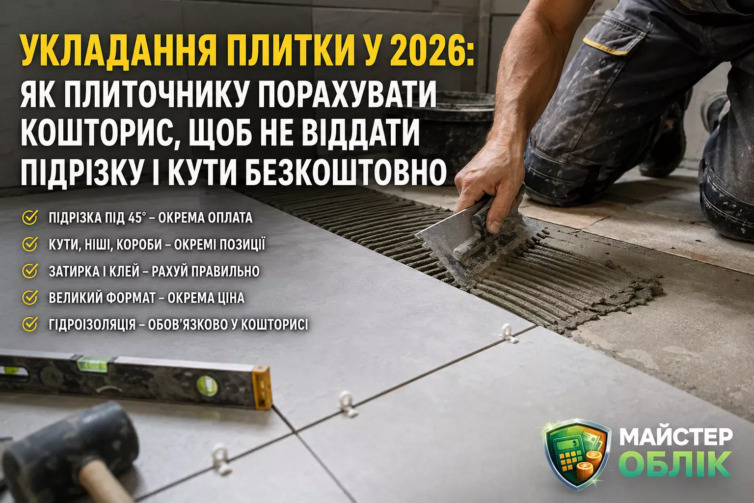 Укладання плитки у 2026: як плиточнику порахувати кошторис, щоб не віддати підрізку і кути безкоштовно