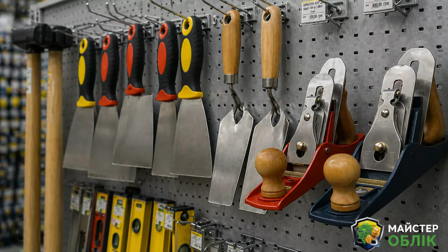 Інструменти штукатура в магазині — шпателі, кельми, рубанки та рівні на стенді